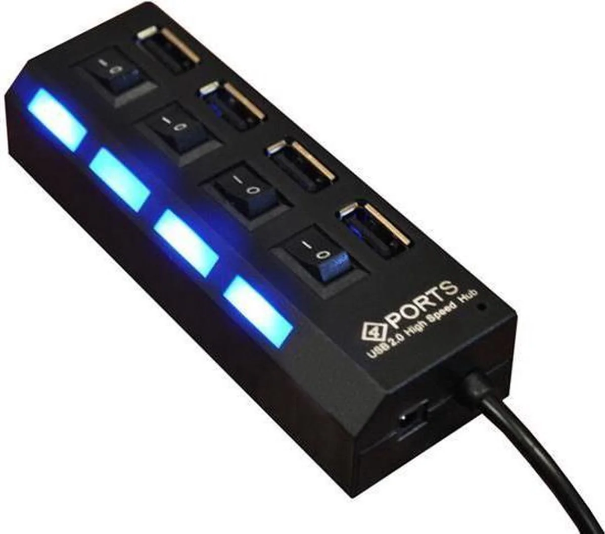 4 Poort Multi USB 2.0 Hub Splitter Verdeler Switch - Geschikt Voor Laptop / Apple Mac / Macbook & Windows - Met LED Verlichting