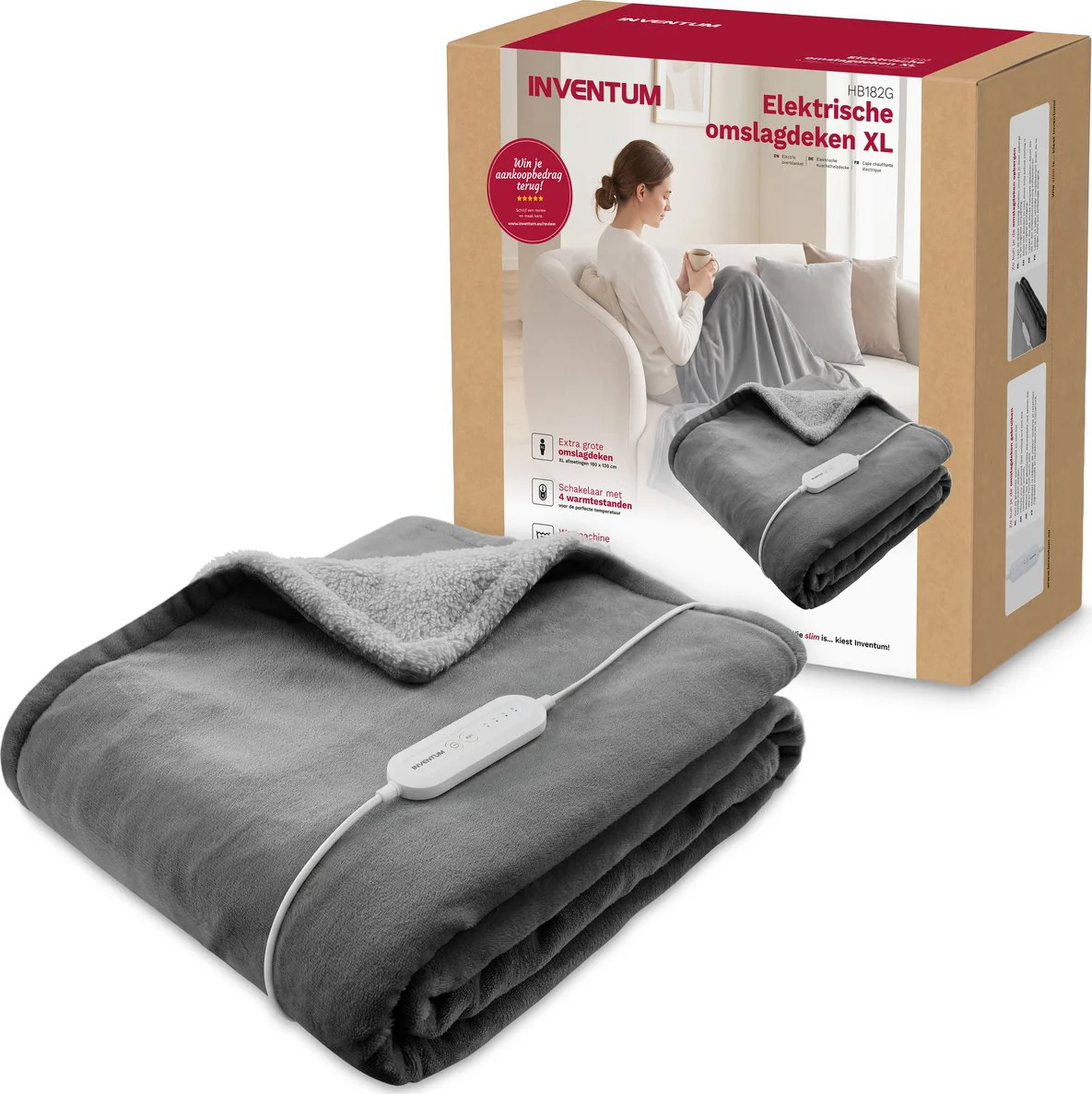 Inventum HB182G Elektrische deken 180x130cm - 1 Persoons - Warmtedeken - Omslagdeken - 4 Standen - Grijs