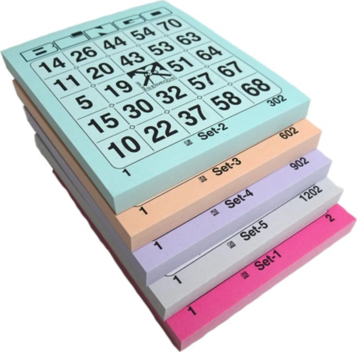 Bingo kaarten gekleurd - Bingo block - 5x100 vellen - 0 tot 75 - 5 verschillende series