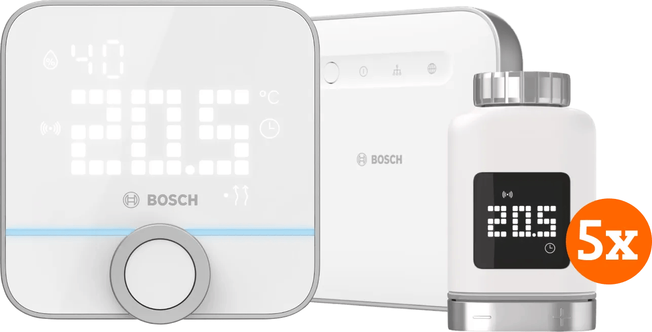 Bosch Slimme Radiatorknoppen 5-Pack + Smart Home Controller + Slimme Kamerthermostaat 230V