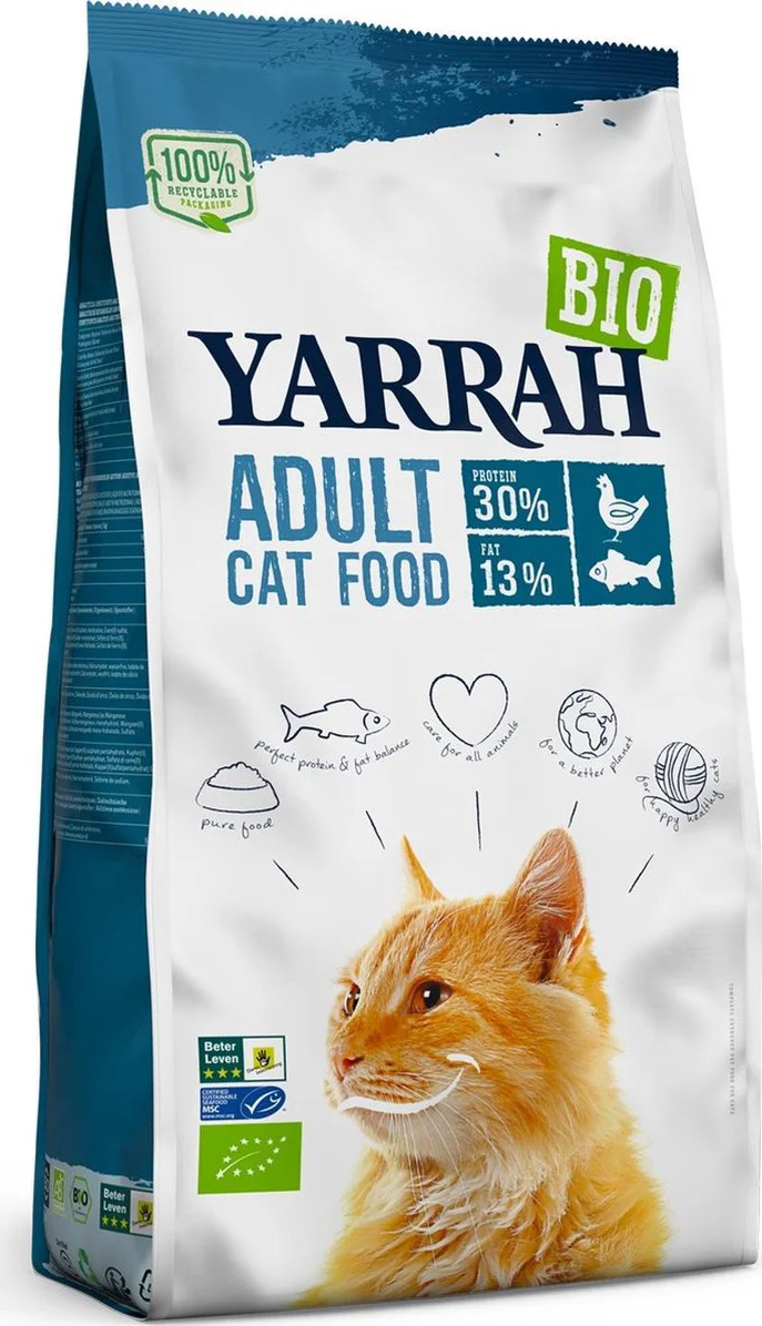 4x Yarrah Bio Kattenvoer Graanvrij Kip & Vis 2,4 kg