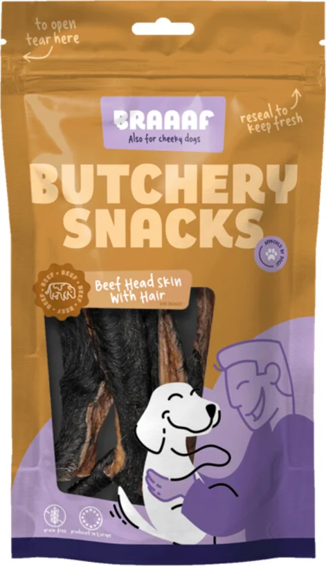 10x Braaaf Hondensnack Butchery Beef Head Skin with Hair 150 gr