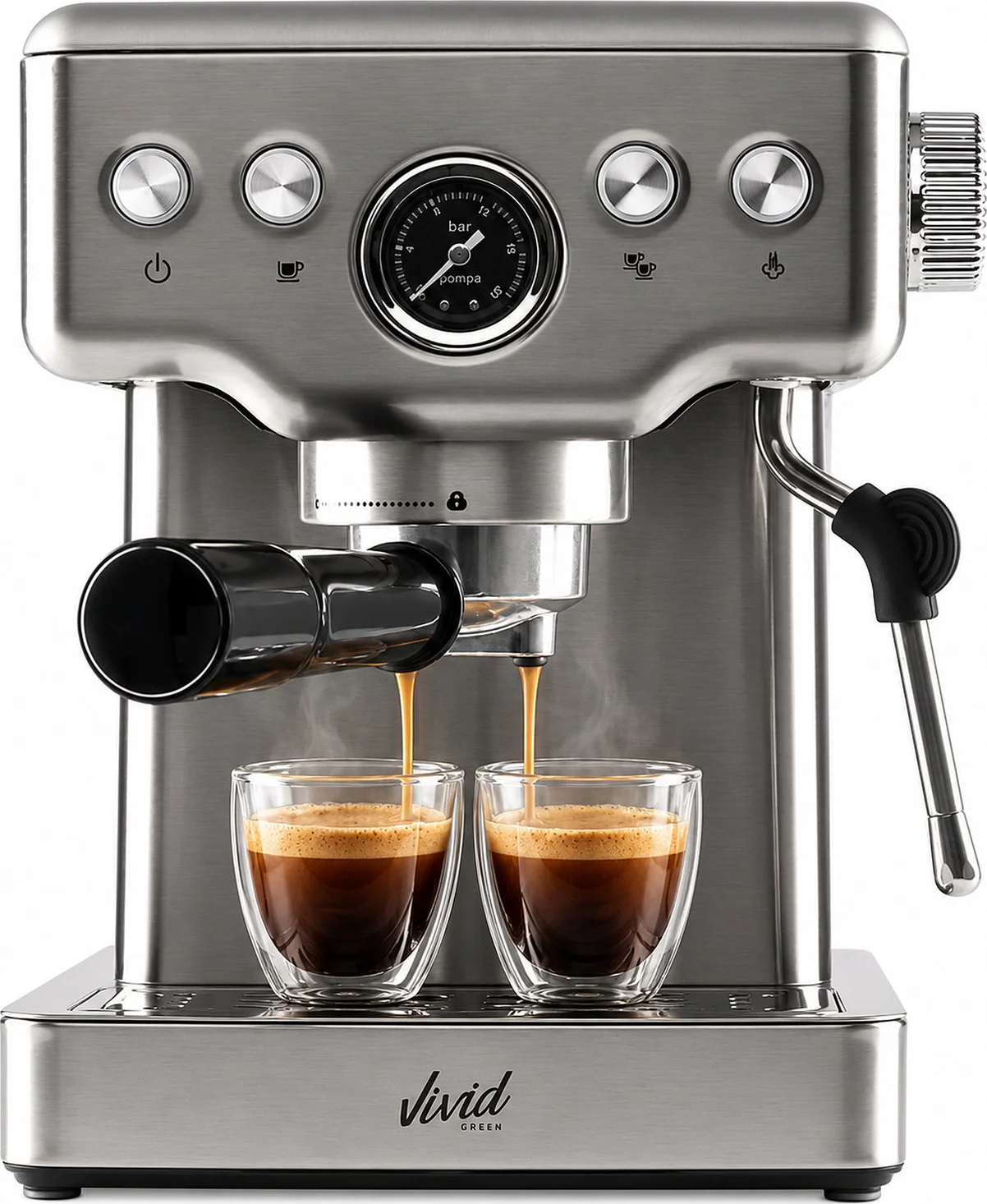 Vivid Green Pistonmachine - Espressomachine 20 Bar met Manometer - Koffiemachine met Stoompijpje - 1,8 L - RVS - Incl. Melkkan