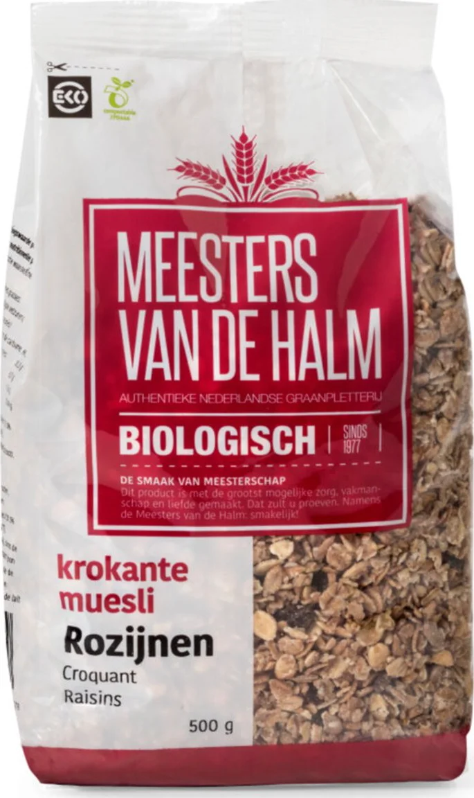 De Halm Muesli Krokant Met Rozijnen 500GR