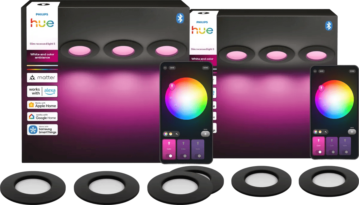 Philips Hue Inbouwspot Slim 6-Pack - White and Color - 90mm - Zwart