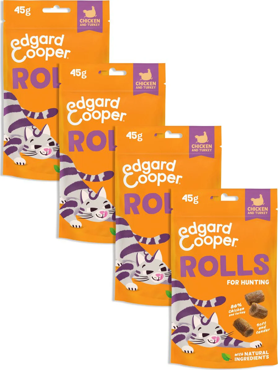 4x Edgard & Cooper Adult Rolls Kattensnack Kip & Kalkoen 45 gr