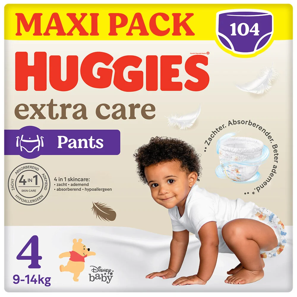 Huggies® Extra Care baby luierbroekjes, Maat 4 (9 tot 14kg), 104 luiers met zachte elastische tailleband en Disney designs, Maxi Pack