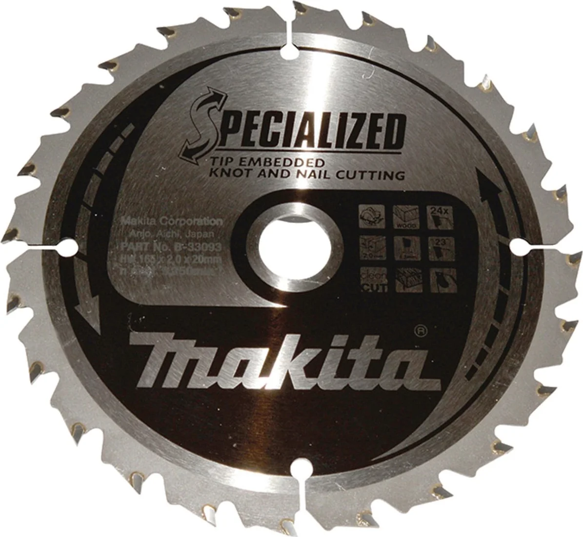 Makita B-33093 Cirkelzaagblad Hout (noest/spijker) | Specialized | 165 x 2,0 x 20 mm | 24-tands