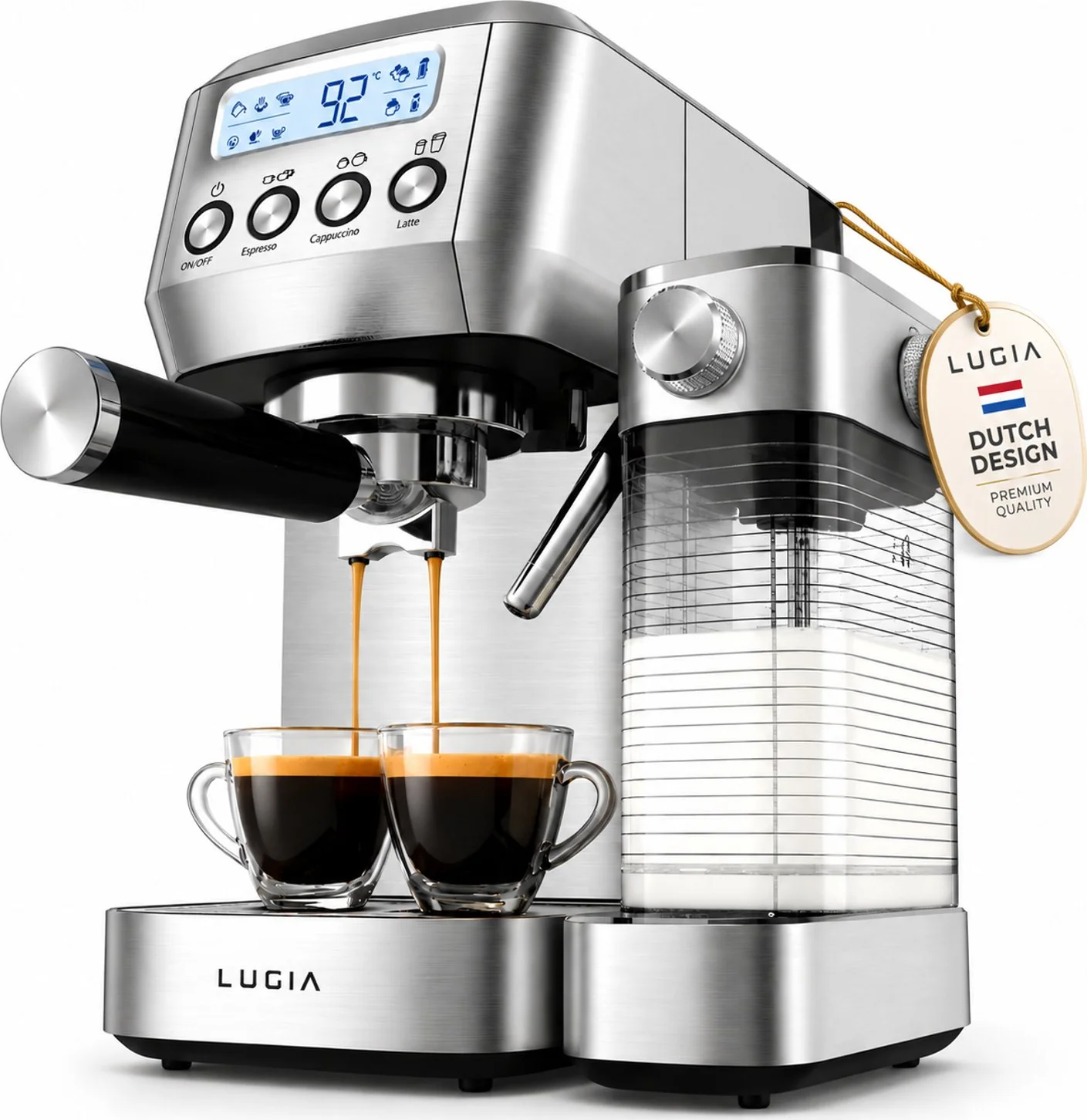 Lugia Pistonmachine 20 Bar - Koffiemachine met Automatische Melkopschuimer - Espressomachine - Led display - 20 bar - Ccappuccino, latte en macchiato - RVS Lugia