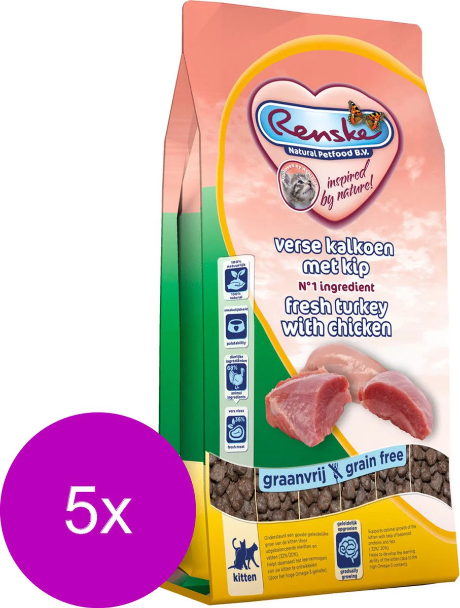 5x Renske Super Premium Kitten Kattenvoer Kalkoen & Kip 1,5 kg
