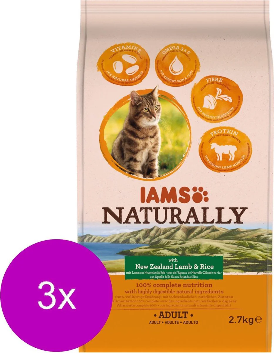 3x IAMS Naturally Kat Adult New Sealand Lam & Rijst 2,7 kg