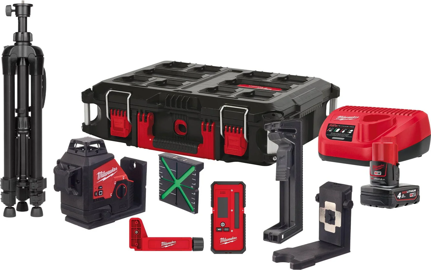 Milwaukee M12 3PLKIT-401P Accu kruislijnlaser 3x360° groen + laserdetector + statief 12V 4.0Ah in koffer - 4933478960