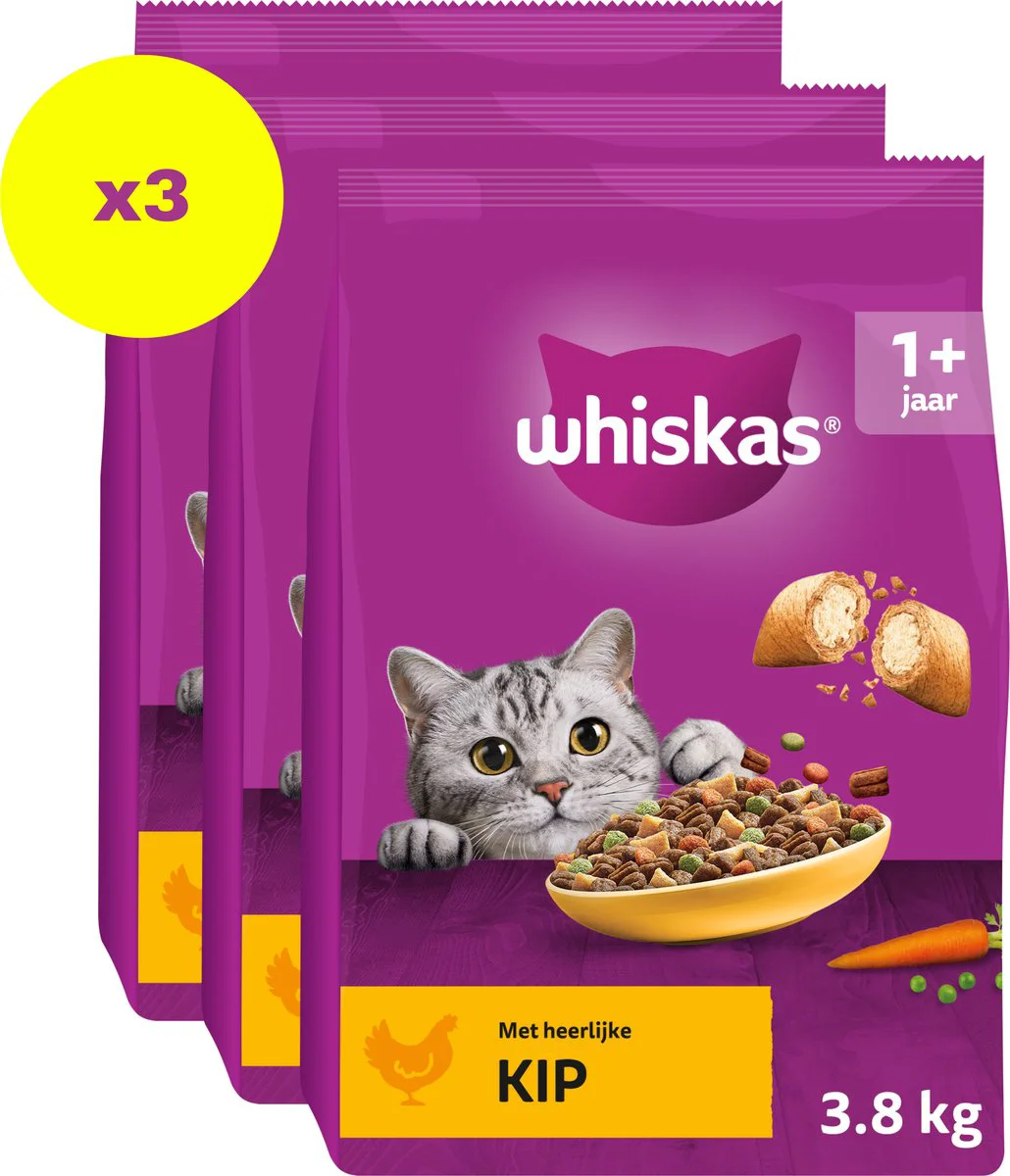 3x Whiskas 1+ Adult Katten Droogvoer Kip 3,8 kg