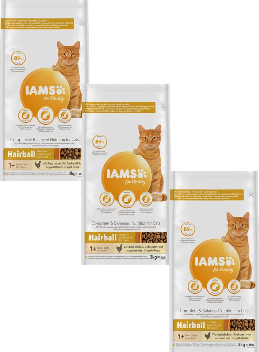3x IAMS Kat Adult Hairball Control Kip 3 kg