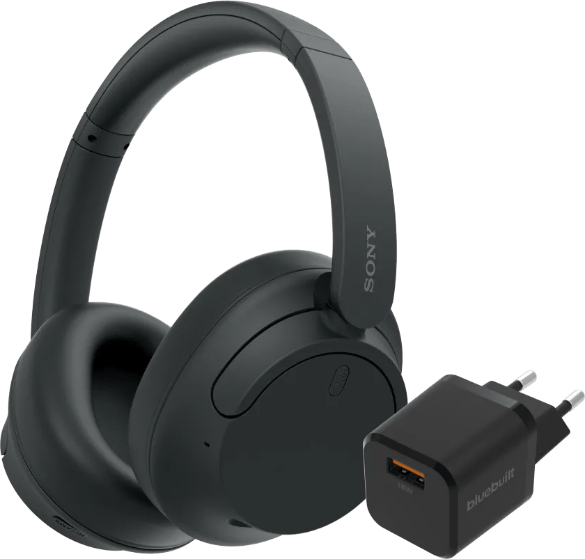 Sony WH-CH720N Zwart + BlueBuilt Quick Charge Oplader met Usb A Poort 18W Zwart