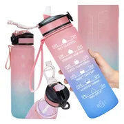 Motivatie Waterfles Blauw/Roze - 1 Liter Drinkfles - Waterfles met tijdmarkering - BPA Vrij - Volwassenen - Drinkfles Kinderen - Met Box-On Hydration Challenge