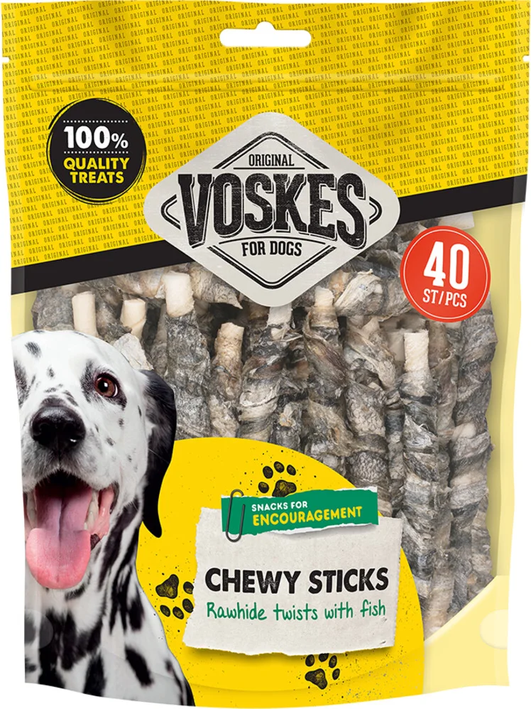 15x Voskes Hondensnack Rawhide Sticks Vis 40 stuks