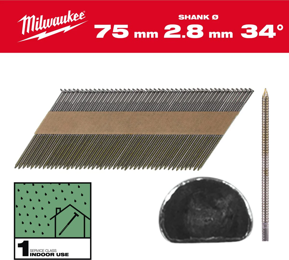 Milwaukee Nagels D-kop 34° 75mm | Ring Schacht | Blank | VE=2200 - 4932492602