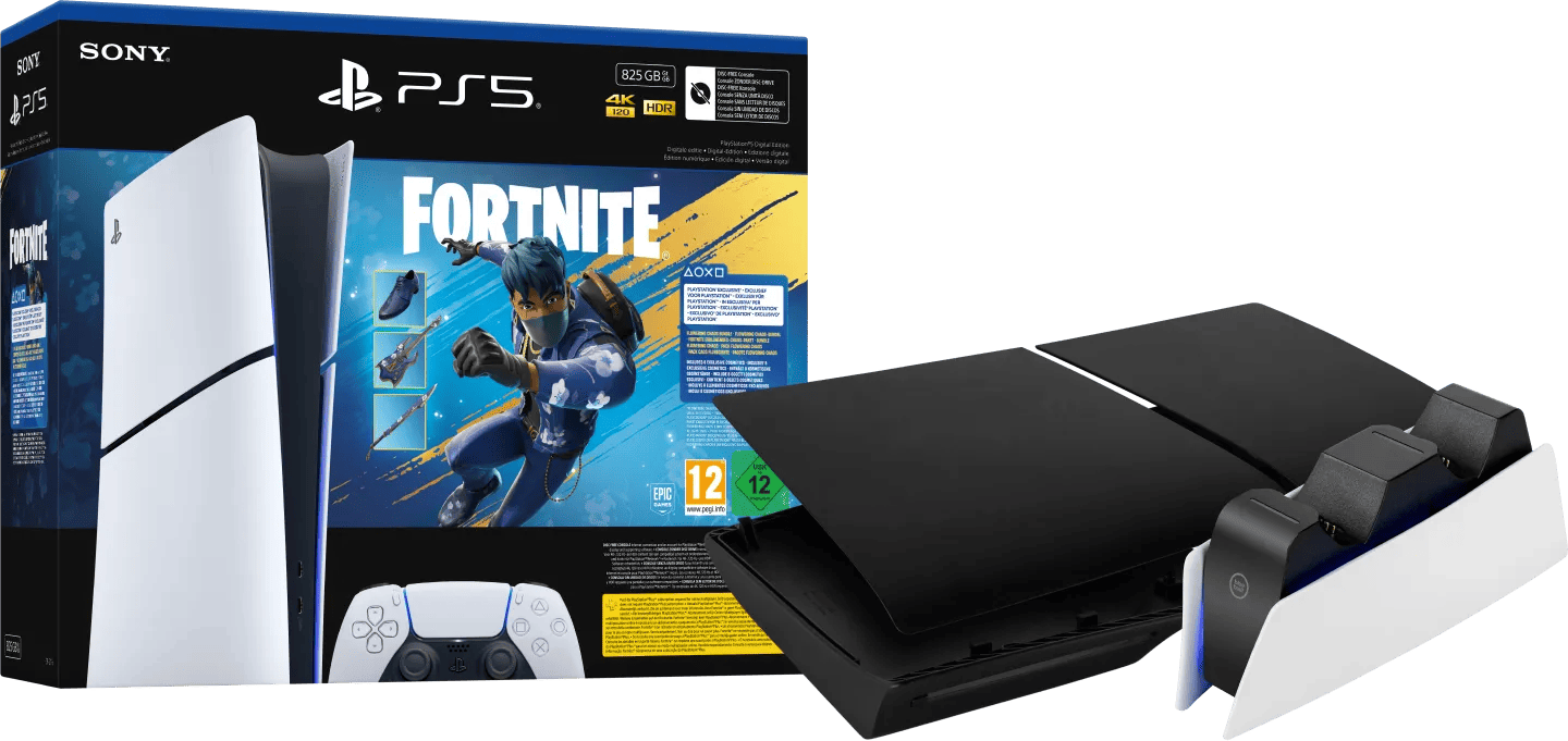 Sony PlayStation 5 Slim Digital Edition Fortnite bundel + Covers Zwart + Oplaadstation