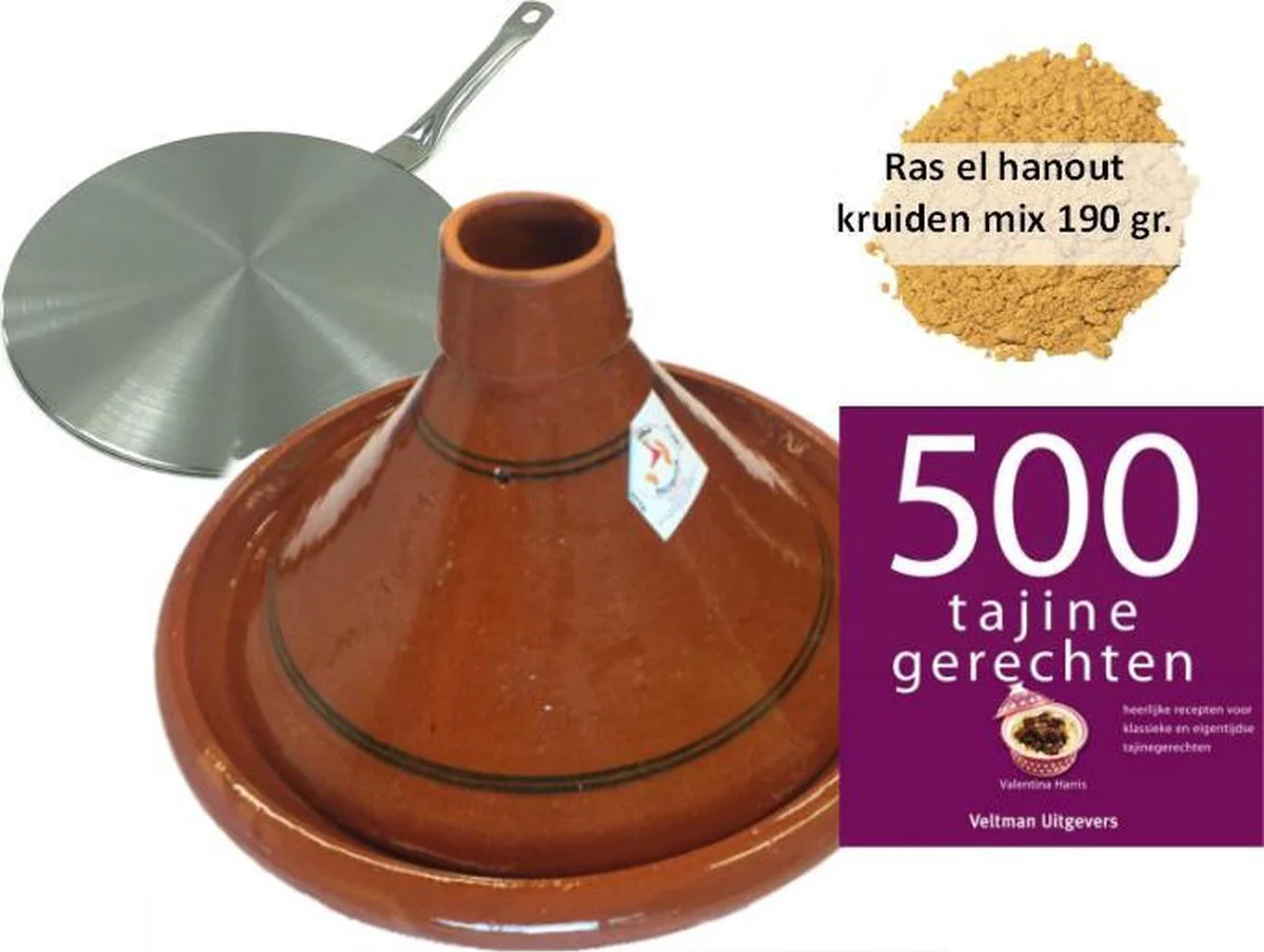 Tajine set inductie, 6 pers tajine, 190 gr kruiden, kookboek, inductie adapter