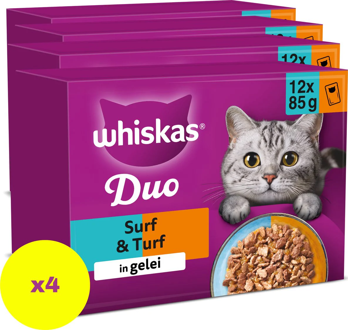 4x Whiskas Duo Adult Surf & Turf in Gelei Multipack 12 x 85 gr