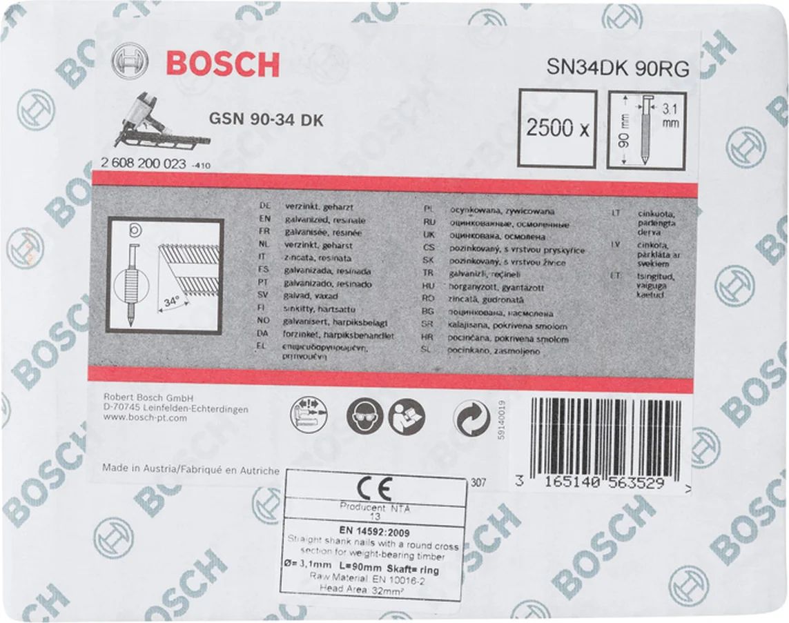 Bosch Professional PRO SN34CH D-kop nagel 90 mm | 34° | Geringd | Gegalvaniseerd | 3,1 x 7,1 (D-vorm) | 2500 stuks - 2608200023