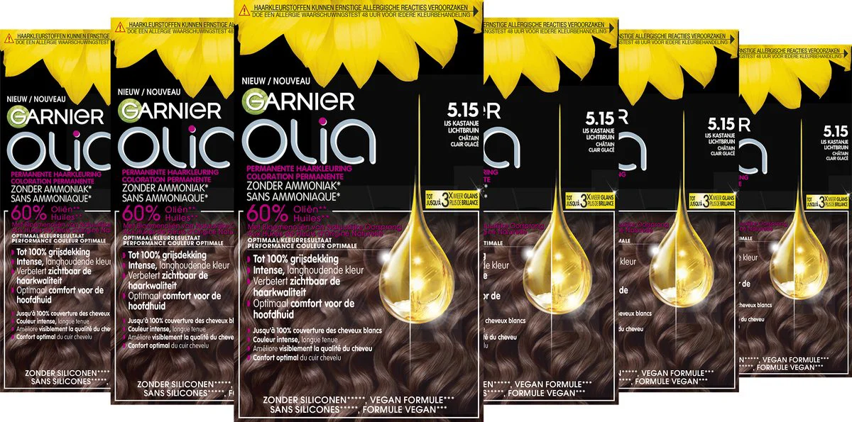 6x Garnier Olia Permanente Crèmekleuring 5.15 Kastanje Lichtbruin 1 set