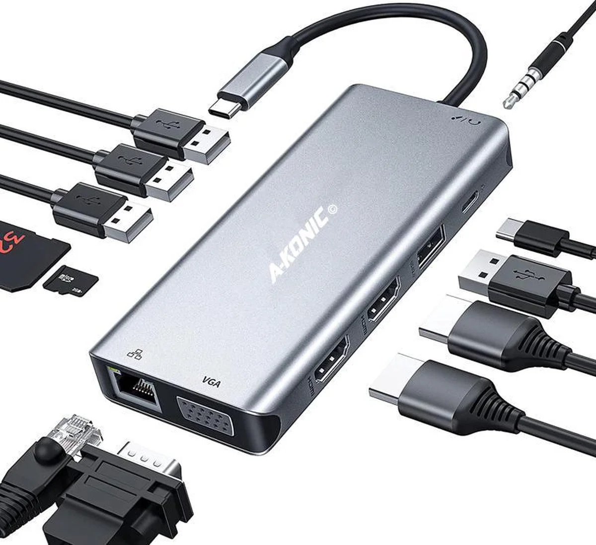 A-KONIC© 12 in 1 USB C Docking station -met Dual HDMI (4K), Ethernet RJ45, VGA, 4x USB 3.0 (thunderbolt), Usb-C, Micro / SD kaartlezer, Adio Jack 3.5mm, - Hub - Voor Macbook Pro / Air, HP, Dell en meer – Spacegrey