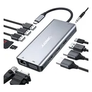 A-KONIC© 12 in 1 USB C Docking station -met Dual HDMI (4K), Ethernet RJ45, VGA, 4x USB 3.0 (thunderbolt), Usb-C, Micro / SD kaartlezer, Adio Jack 3.5mm, - Hub - Voor Macbook Pro / Air, HP, Dell en meer – Spacegrey
