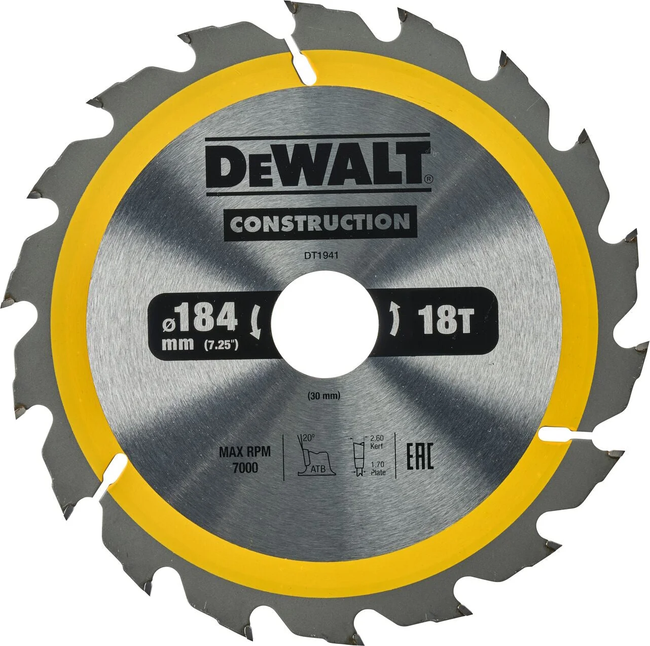 DeWALT Cirkelzaagblad voor Hout | Construction | Ø 184mm Asgat 30mm 18T - DT1941-QZ