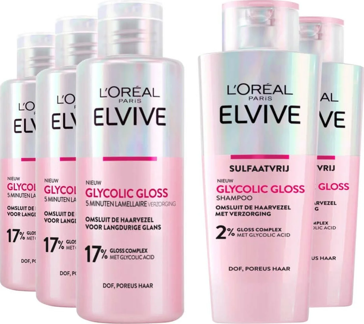 L'Oréal Elvive Glycolic Gloss - Shampoo 3 x 200 ml & Conditioner 2 x 200 ml - Pakket