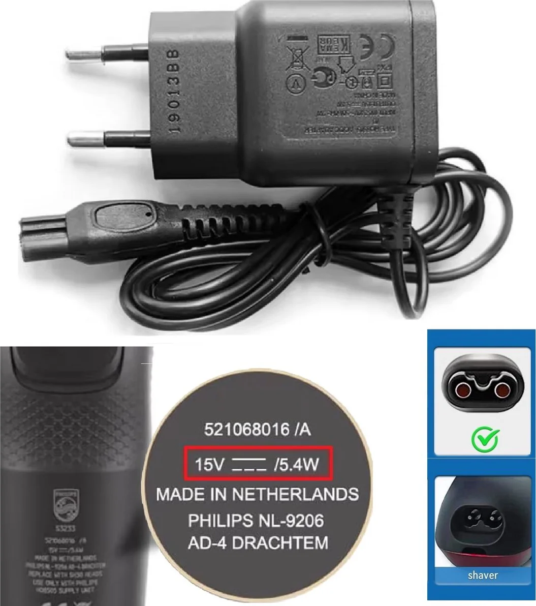 Vervangende Oplader voor Philips HQ8505 - 15V 5,4W - 1 Meter Kabel - Geschikt voor Philips Scheerapparaten, Trimmers en OneBlade - Wereldwijde Spanning