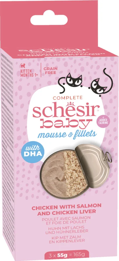 12x Schesir Baby Kitten Mousse & Filets Kip & Zalm & Kippenlever 3 x 55 gr