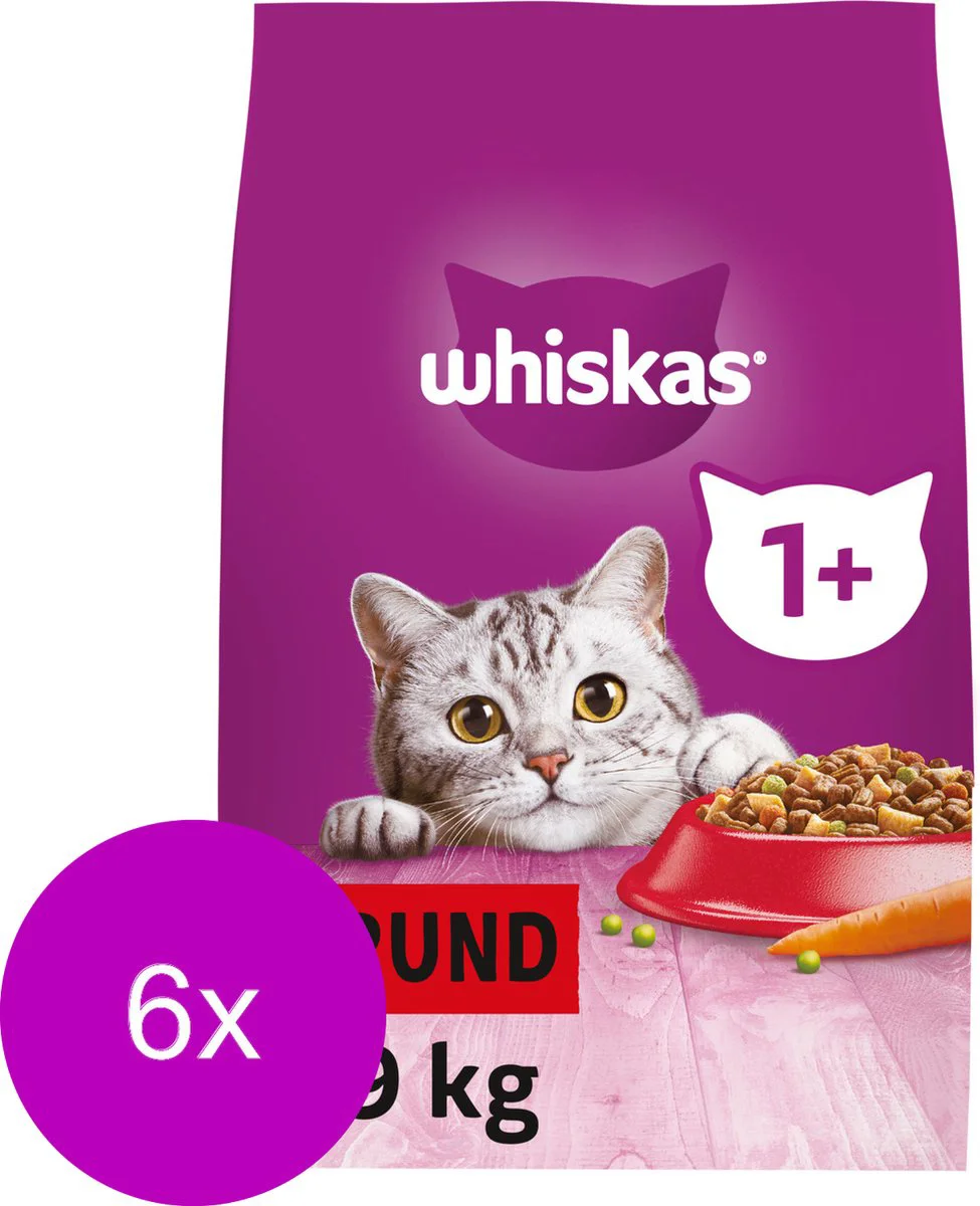 6x Whiskas 1+ Adult Katten Droogvoer Rund 1,9 kg