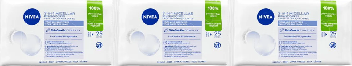 3x NIVEA Reinigingsdoekjes Micellair 25 stuks