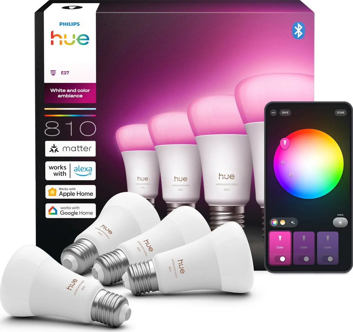 Philips Hue A60 White and Color E27 810lm 4-pack