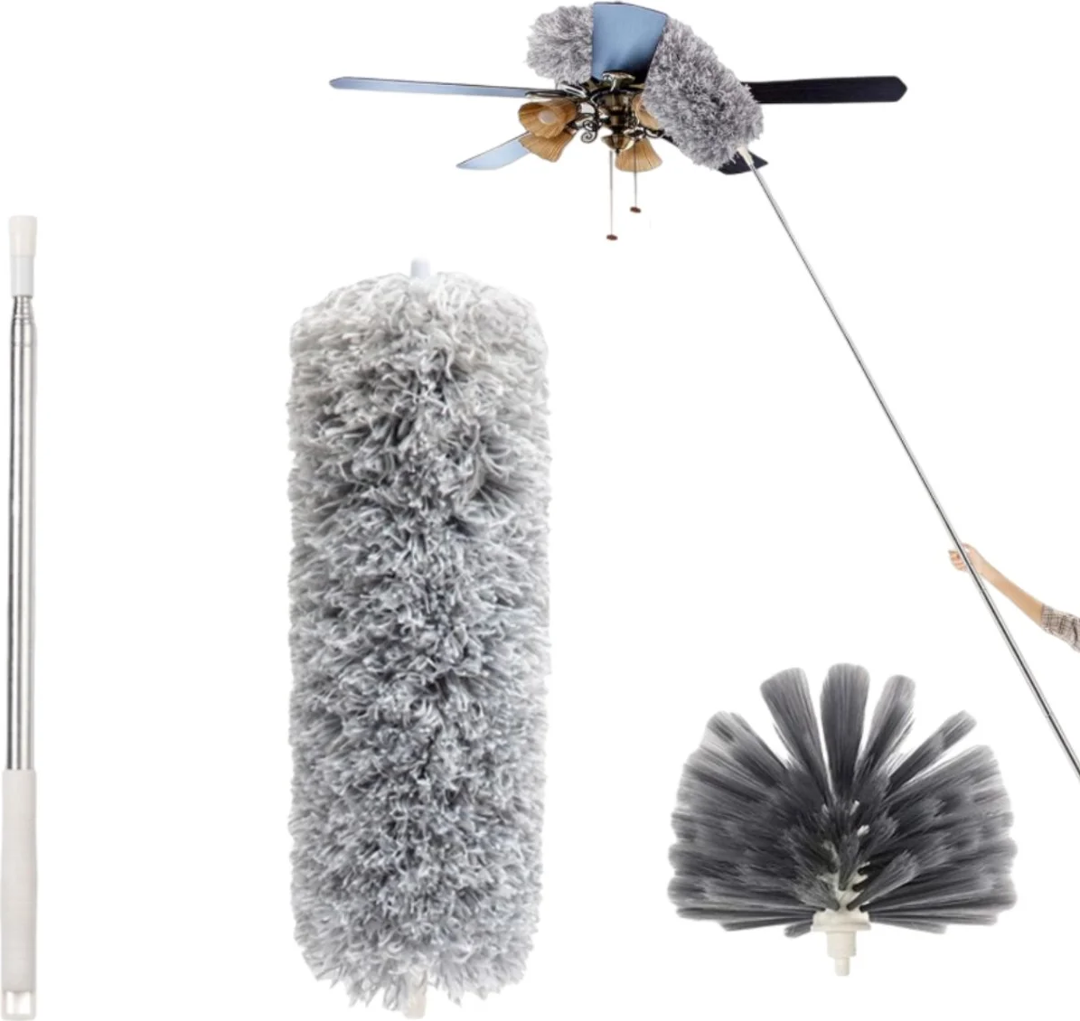 3-delige set - Stofdoek - Webborstel - Telescopische steel - Stofdoek met lange steel - Stofverwijderingsgereedschap - Schoonmaakgereedschap - Telescopisch - Wasbaar - Geschikt voor het reinigen van huis, auto, meubels en web - Grijs
