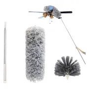 3-delige set - Stofdoek - Webborstel - Telescopische steel - Stofdoek met lange steel - Stofverwijderingsgereedschap - Schoonmaakgereedschap - Telescopisch - Wasbaar - Geschikt voor het reinigen van huis, auto, meubels en web - Grijs