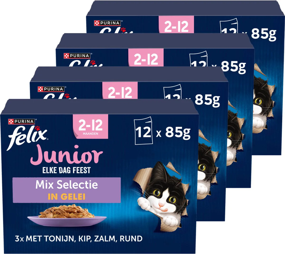 4x Felix Kattenvoer Nat in Gelei Elke Dag Feest Mix Junior 12 x 85 gr