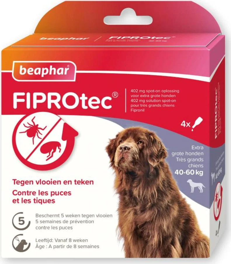 2x Beaphar Fiprotec Anti Teken- & Vlooiendruppels Hond 40 - 60 kg 4 stuks