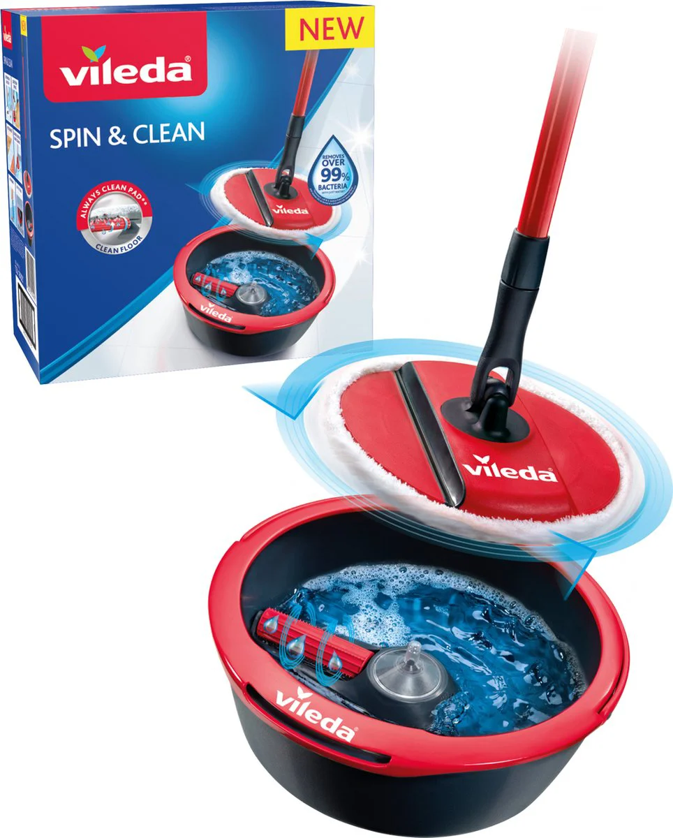 Vileda Spin & Clean Mop Complete Set Rood en Zwart 1 set