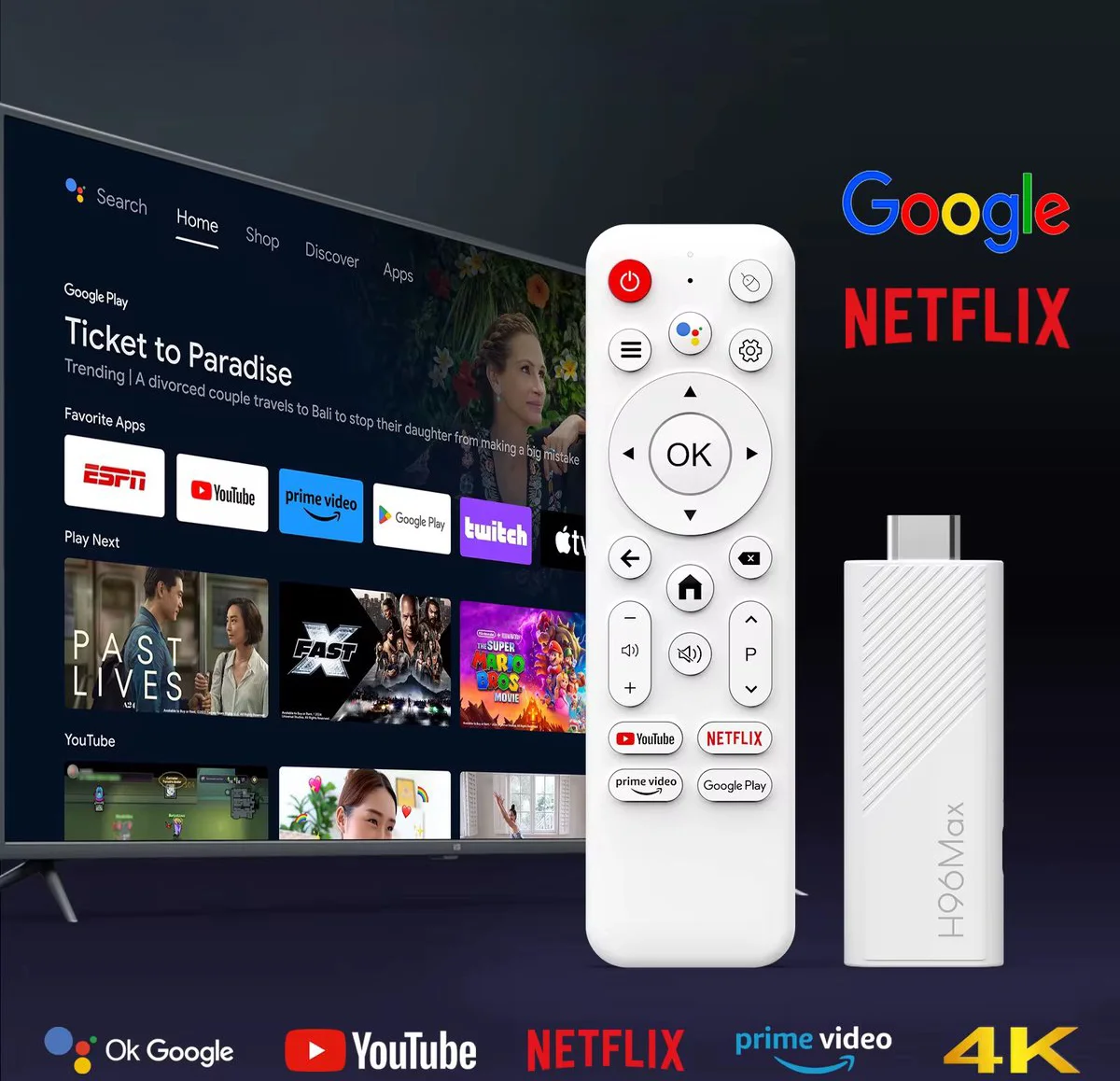 Streaming Box Android TV 4K UHD | Google TV HDMI Stick | Chromecast Ingebouwd | Google Stemassistent Compatibel | Dolby Atmos | Stickformaat | Zwart