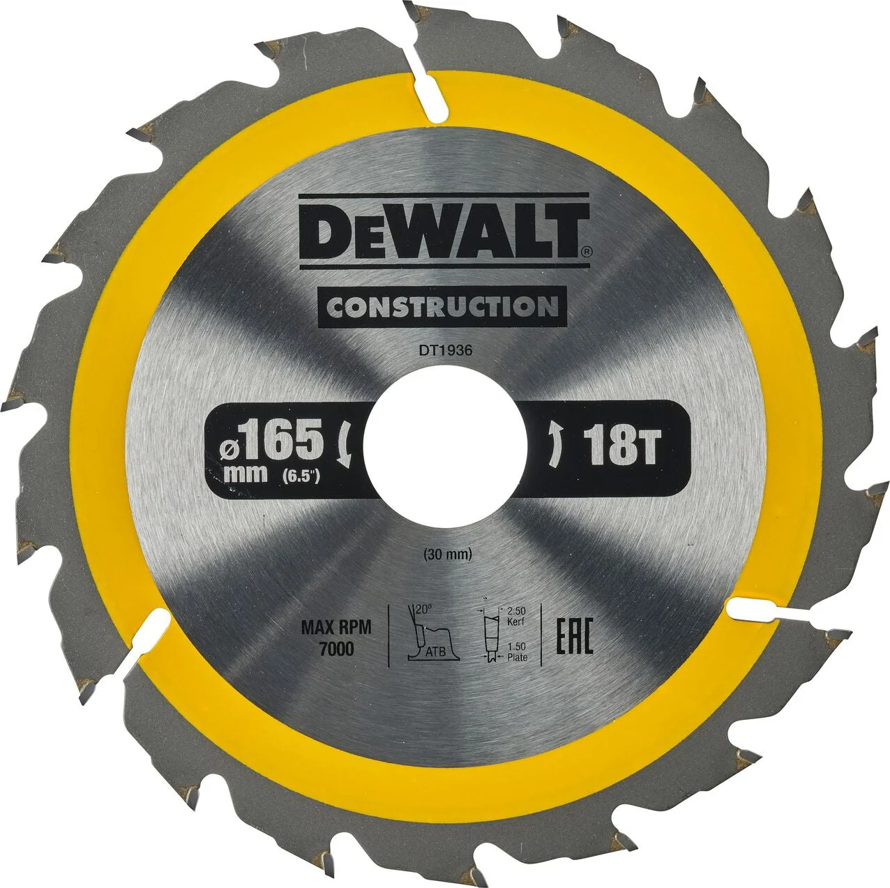 DeWALT Cirkelzaagblad voor Hout | Construction | Ø 165mm Asgat 30mm 18T - DT1936-QZ
