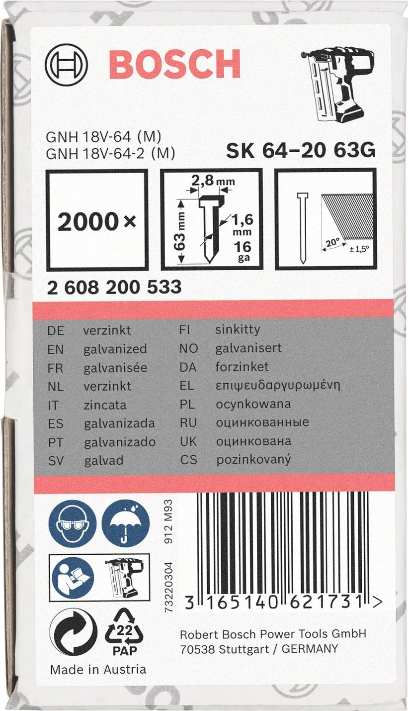 Bosch Professional Afwerknagel verzinkt 63mm 20° 16Ga VE=2000 - 2608200533