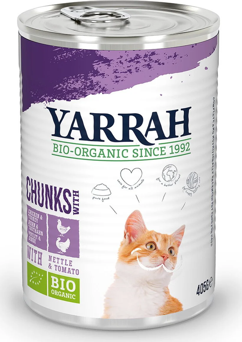 12x Yarrah Bio Kattenvoer Chunks Kip & Kalkoen 405 gr