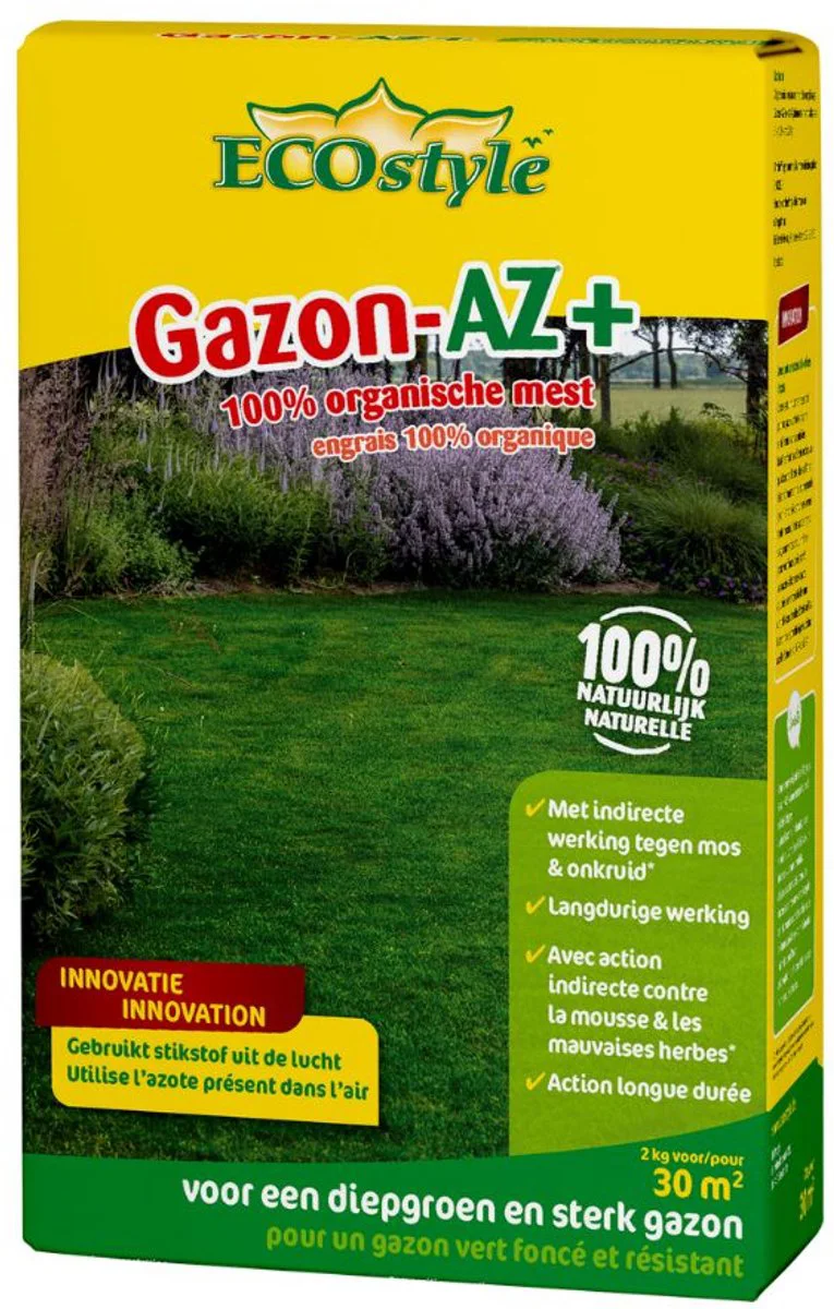 ECOstyle Gazon AZ+ - Organische Gazonmest – Voor Diepgroen en Sterk Gazon – Geeft tot 120 dagen Voeding – Werkt tegen Mos - 30 M² - 2 KG