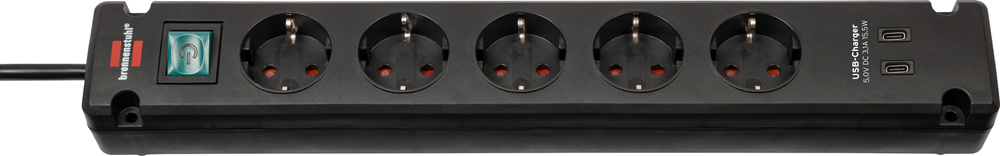 Brennenstuhl stekkerdoos 5-voudig met 2 USB C-laadpoorten (stekkerdoos USB C met schakelaar en 3m kabel, verdeeldoos voor wandmontage)