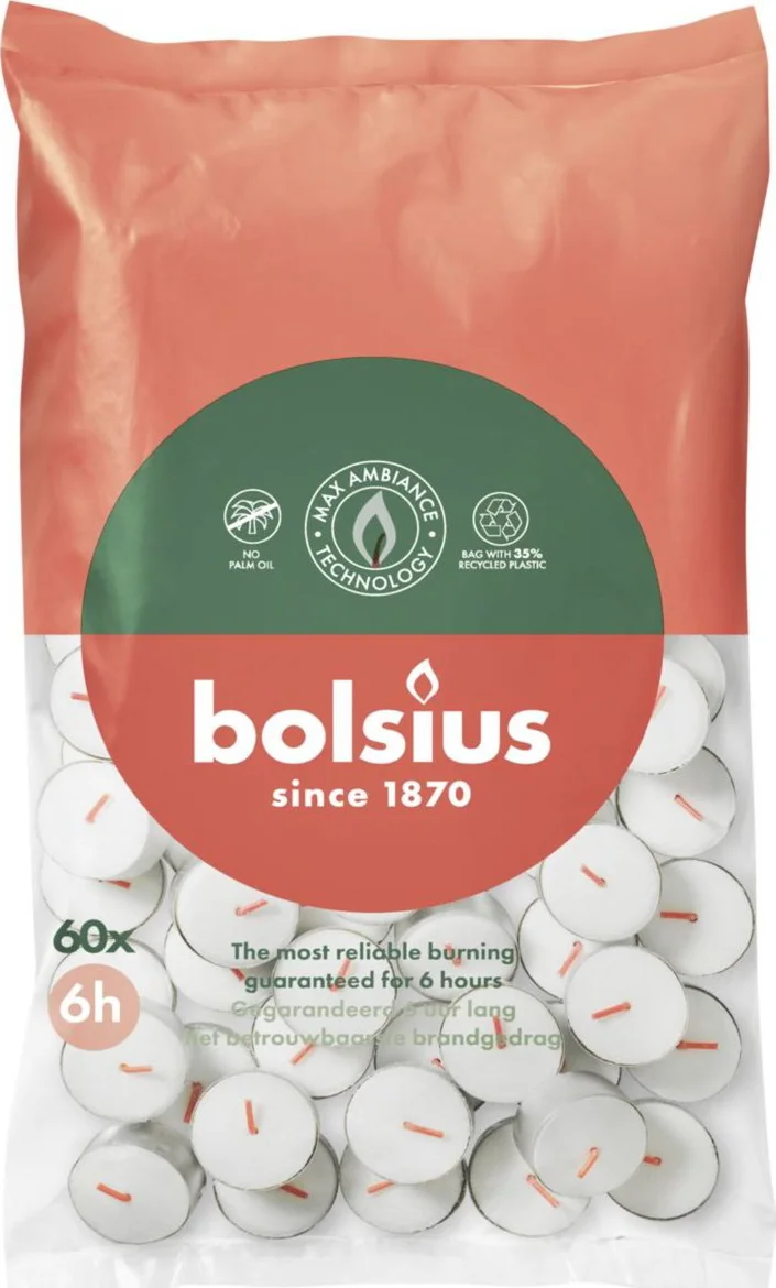 Bolsius Theelichten Wit 6 branduren 60 stuks