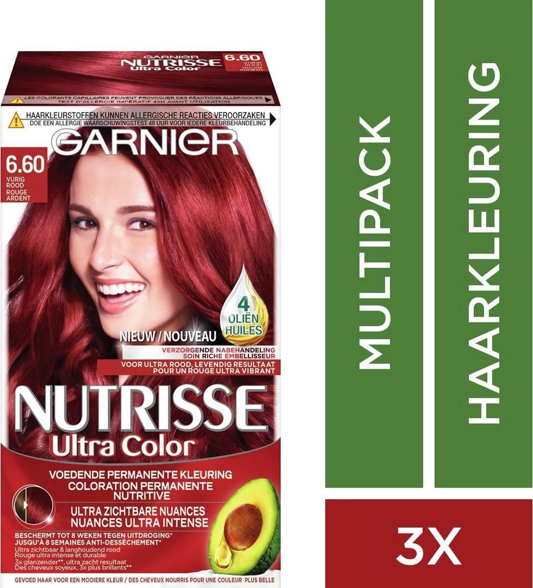 3x Garnier Nutrisse Ultra Color Permanente Haarkleuring 6.60 Vurig Rood