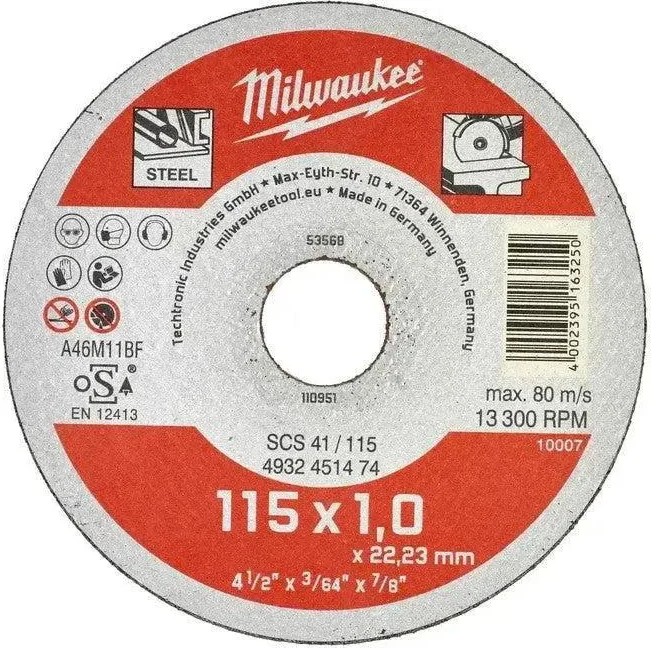 Milwaukee Dunne metaal snijschijf, contractor series SCS 41/115 x 1 x 22 mm opdrachtnemer series - 4932451474